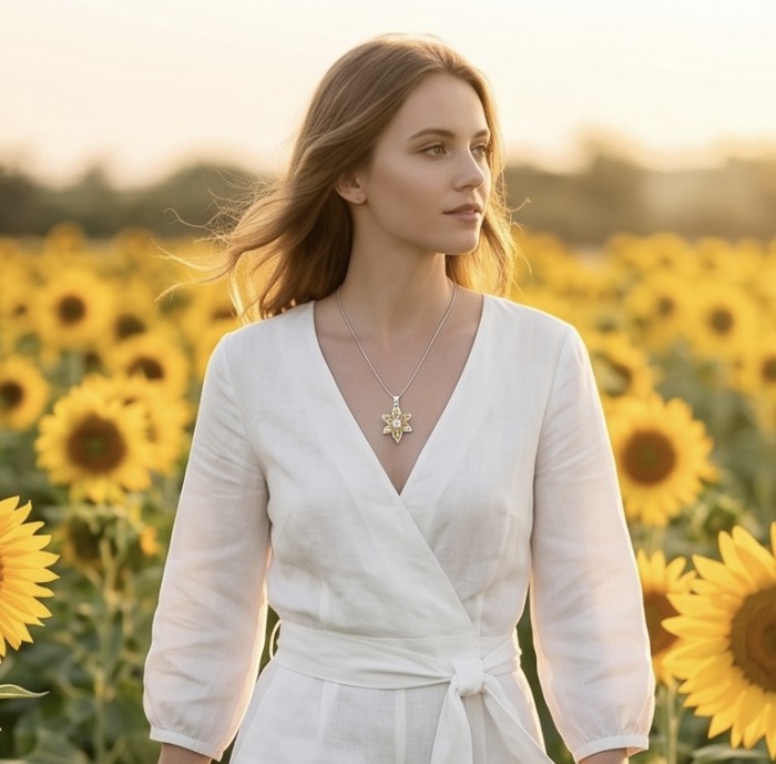 Golden Star 8.5 carat Brazilian Citrine .925 Sterling Silver dipped in Rhodium handmade Pendant - Model wearing Golden Star Citrine necklace in sunflower field.