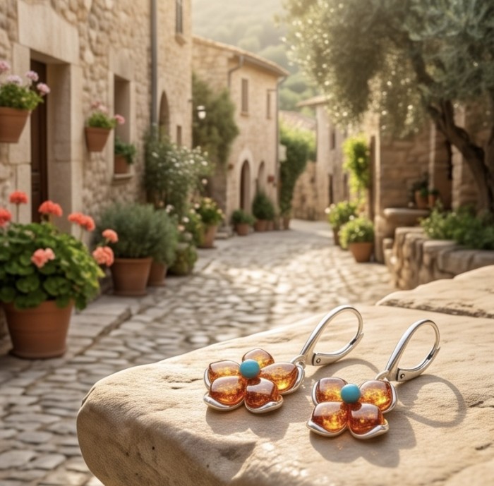 Golden Summer Flowers - authentic Baltic Amber Turquoise .925 Sterling Silver handcrafted earrings - Flower earrings with amber and turquoise on sunlit cobblestone street