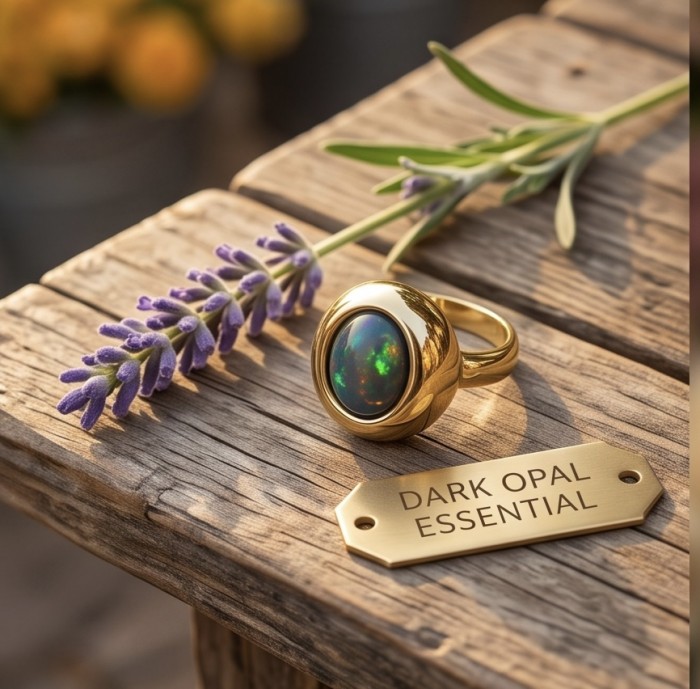 Milky way Genuine 22.2 carat Black Opal 18K Gold over .925 Sterling Silver handmade Ring size 9 - Gold ring with black opal, side view, lavender beside, on wooden surface.