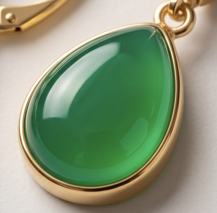 Unique genuine Jade 18K Gold over over .925 Sterling Silver handcrafted earrings - Close-up of jade stone pendant in gold over sterling silver setting.