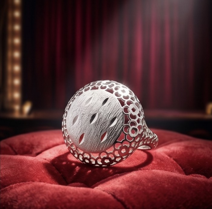Casablanca Italy made .925 Sterling Silver brilliantly handcrafted ring s. 8 - Sterling silver ring side view on red cushion, intricate design visible