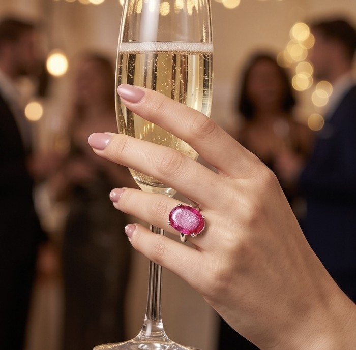 Angelina 12.9 carat authentic Pink Tourmaline .925 Sterling Silver Handcrafted Ring size 7 - Pink Tourmaline ring on hand holding champagne glass