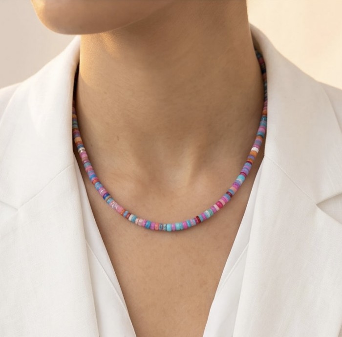 Mystery 11.2 carat Australian Opal .925 Sterling Silver .925 Sterling Silver Statement Necklace - Multicolor beaded necklace worn on neck, close-up view