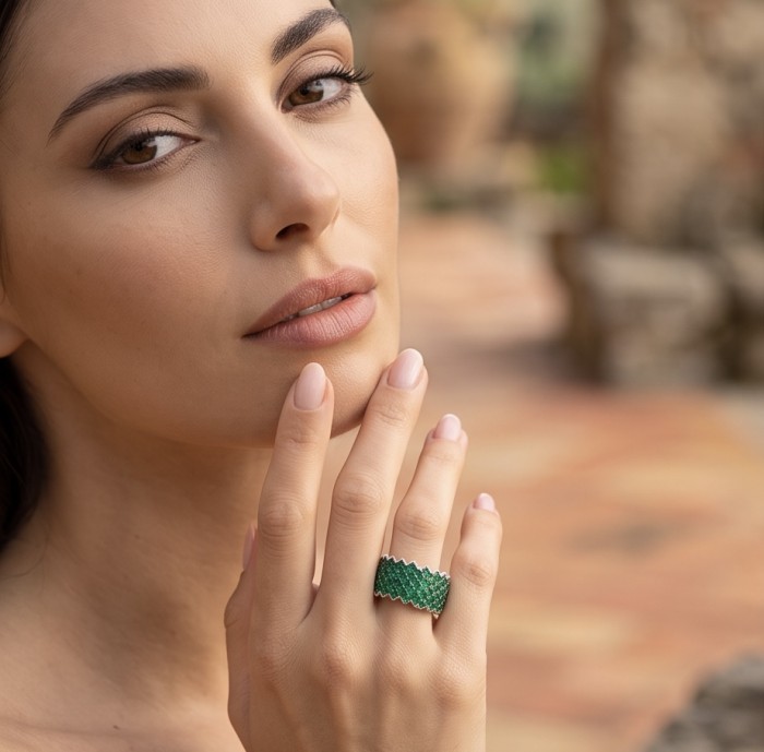Eliza - authentic 8.7 carat Emerald .925 Sterling Silver Eternity Ring size 6 1/2 - Emerald ring worn on hand, close-up view.