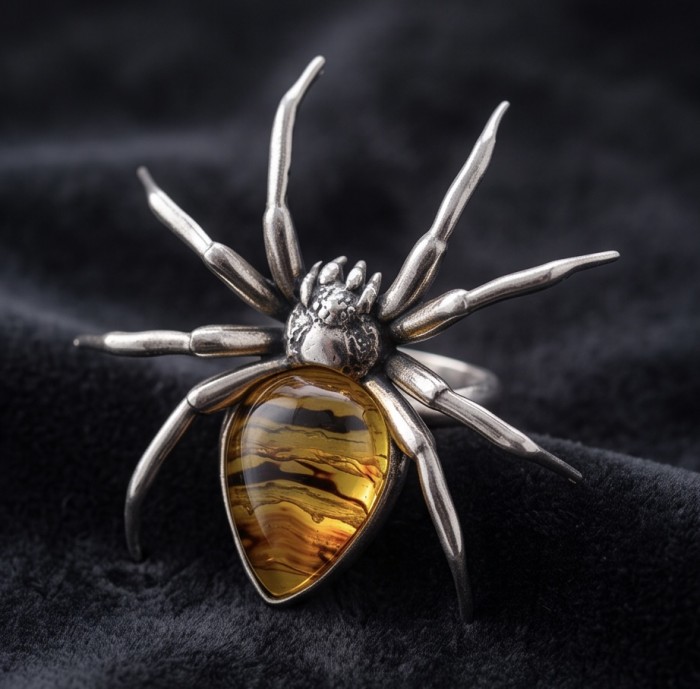 LARGE Golden Spider Authentic Baltic Amber .925 Sterling Silver handcrafted ring; s. 7 adjustable - Silver spider ring with amber stone on black fabric background.