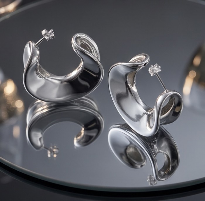 LARGE - EXTRAVAGANZA - Highly Polished Fancy .925 Sterling Silver Italy made Earrings - Side view of polished sterling silver earrings on reflective surface