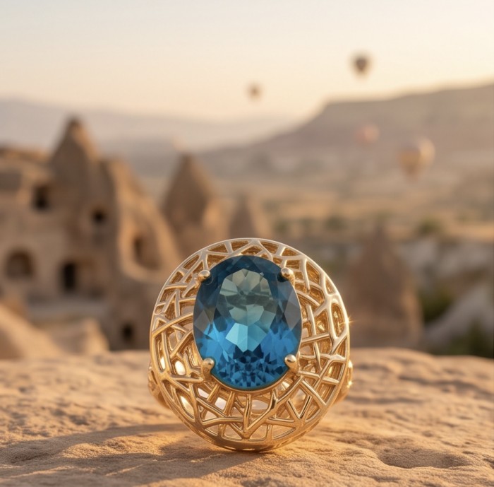 Blue Treasure genuine 10.5 carat London Blue Topaz 14K Gold over .925 Sterling Silver handmade Statement Ring size 6 - Blue Treasure London Blue Topaz ring in 14K gold, close-up view