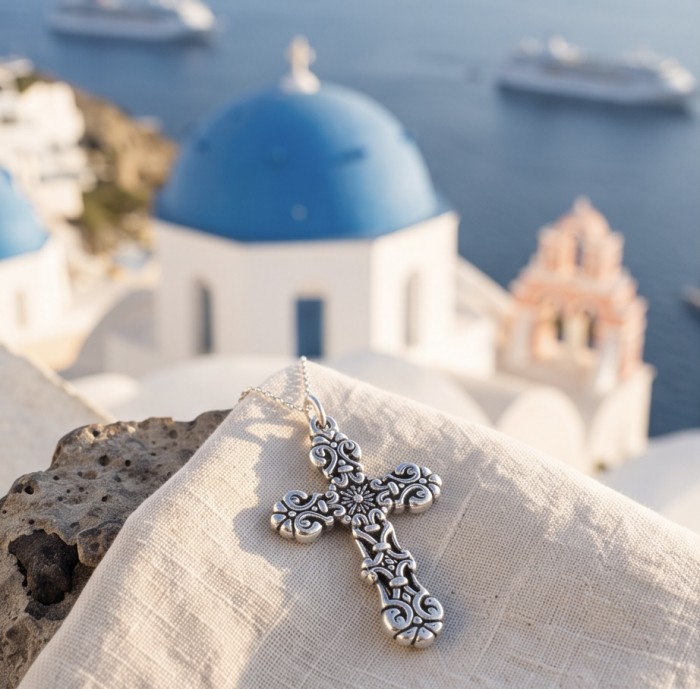 Holy Cross the best quality .925 Sterling Silver Bali made Pendant - Ornate silver cross necklace with a scenic coastal backdrop