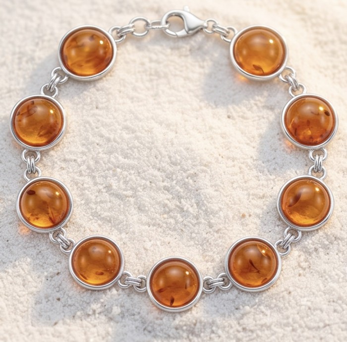 Excellent quality Cognac color Baltic Amber .925 Sterling Silver entirely handcrafted Bracelet - Cognac Baltic Amber bracelet laid on sand, showcasing silver links.