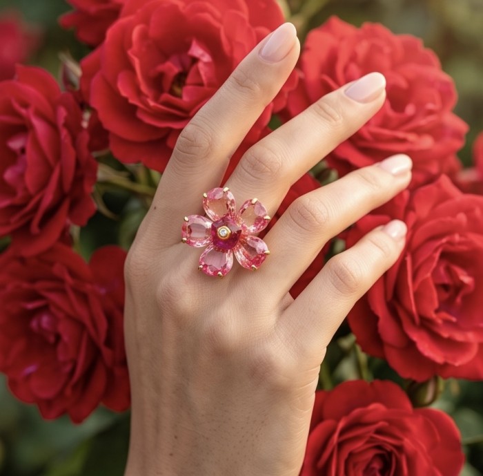 Cherry Blossom 27.5 carat Pink Amethyst 14K Gold over .925 Silver handcrafted Cocktail Ring s. 7 - Cherry Blossom ring on hand with pink amethyst, rose backdrop
