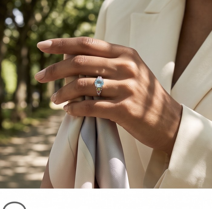 Blooming Garden 2.8 carat Mozambique Aquamarine rhodium over .925 Sterling Silver handmade Statement Ring size 7 1/4 - Close-up of Blooming Garden aquamarine ring worn on hand.