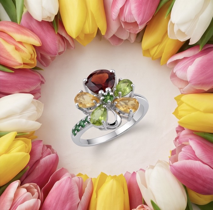 Red Heart 8.1 carat Multigem rhodium over .925 Sterling Silver Handcrafted Ring size 8 - Multigem flower ring with tulips background, top-down view.