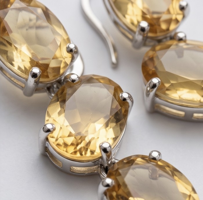 Victoria Authentic 15.5 carat Brazilian Citrine .925 Sterling Silver brilliantly handcrafted Statement earrings - Close-up of Victoria Authentic Brazilian Citrine earrings.