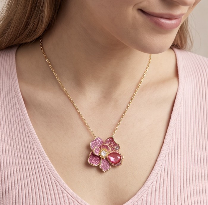 Wonderland 68.5 carat multicolor Pink Topaz 14K Gold over .925 Silver handcrafted Statement necklace brooch - Close-up of flower necklace with pink topaz worn on neck