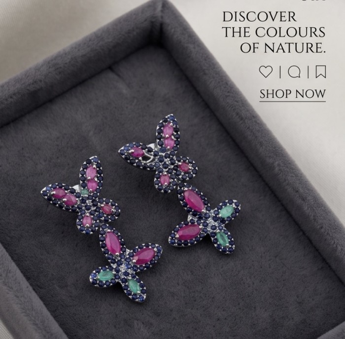 RARE BEAUTY! Valentina 28.2 carat Ruby Emerald Sapphire .925 Sterling Silver dipped in rhodium Statement handcrafted earrings - Butterfly gemstone earrings in gray box, showcasing ruby, emerald, sapphire.