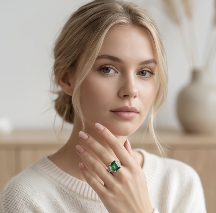 Green Royalty Natural 18.6 carat Chrome Diopside .925 Sterling Silver dippedin rhodium Solid ring size 6 - Woman wearing green 18.6 carat chrome diopside ring on hand.