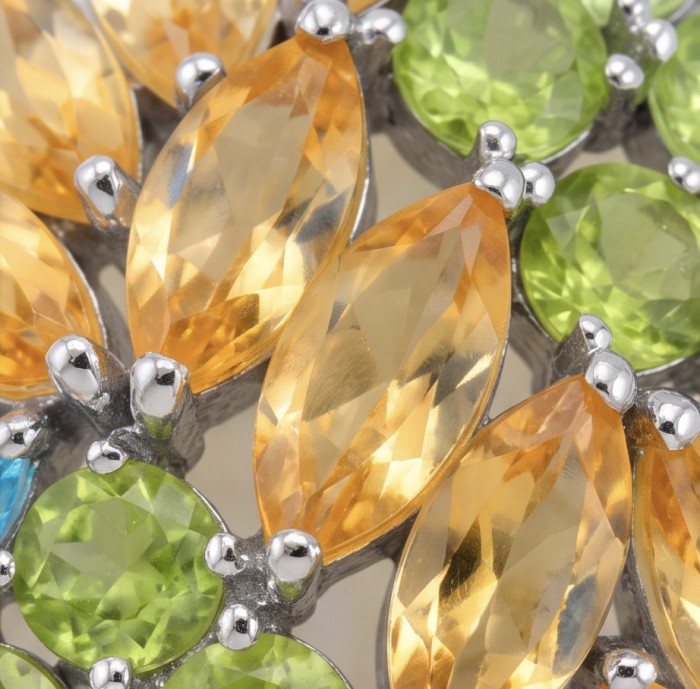 Authentic 11.2 carat Brazilian Citrine rhodium over .925 Sterling Silver handcrafted Statement Pendant - Close-up of Brazilian Citrine and peridot stones in rhodium setting.