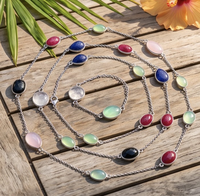 Emily 30 inches Natural authentic Multigems .925 Sterling Silver handmade Station Necklace - Multigem necklace on wood, overhead view with tropical decor.