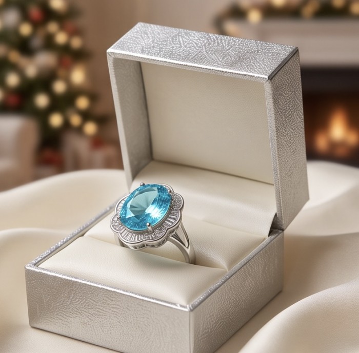 Gabriella 15.2 carat authentic Paraiba Tourmaline rhodium over .925 Sterling Silver handcrafted Statement Ring size 7 1/2 - Paraiba Tourmaline ring in box, angled display with holiday background.