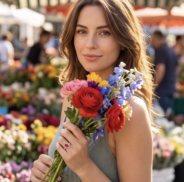Scarlett 4.7 ctw Mozambique Ruby .925 Sterling Silver handcrafted Statement Ring size 6 1/4 - Ruby ring worn on hand, holding colorful flowers in a market setting.