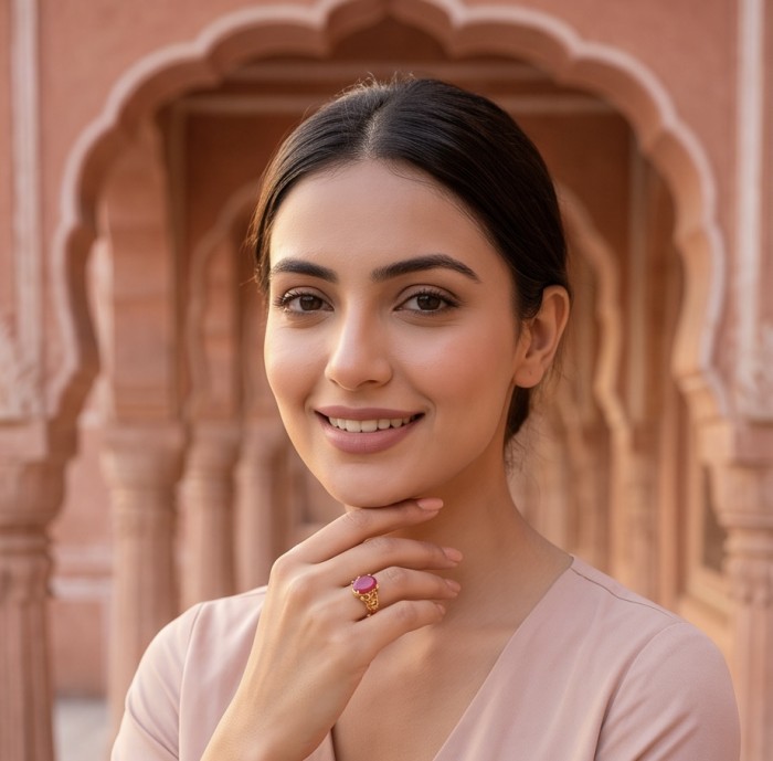 Carmen Natural 11.4 carat Kasmir Ruby .925 Sterling Silver dipped in 22K Gold handmade Statement Ring size 8 - Woman wearing Carmen ring with Kashmir ruby, close-up in architectural setting.