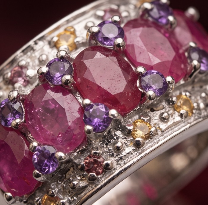 Scarlett 6.8 ctw Mozambique Ruby .925 Sterling Silver handcrafted Statement Ring size 8 1/4 - Close-up of Scarlett 6.8 ctw Mozambique Ruby .925 Silver ring stones
