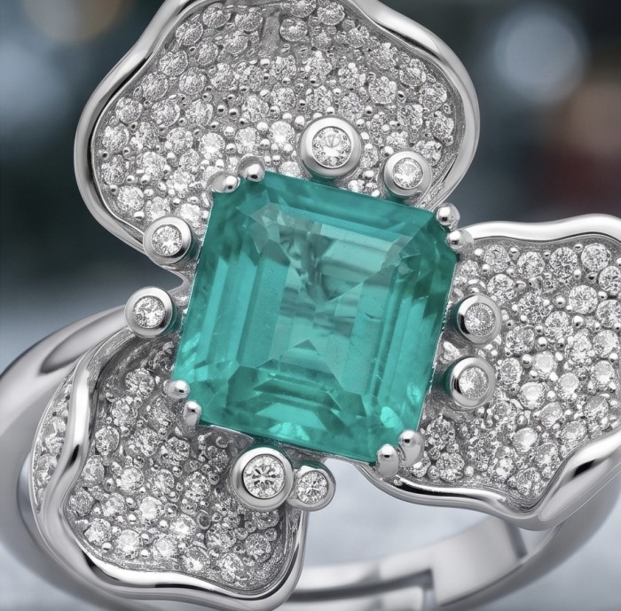 Elizabeth 8.8 carat Colombian Emerald 8.2 carat Moissanite .925 Sterling Silver dipped in Rhodium handcrafted Ring size 8 - Close-up of Elizabeth ring, Colombian emerald and moissanite detail.