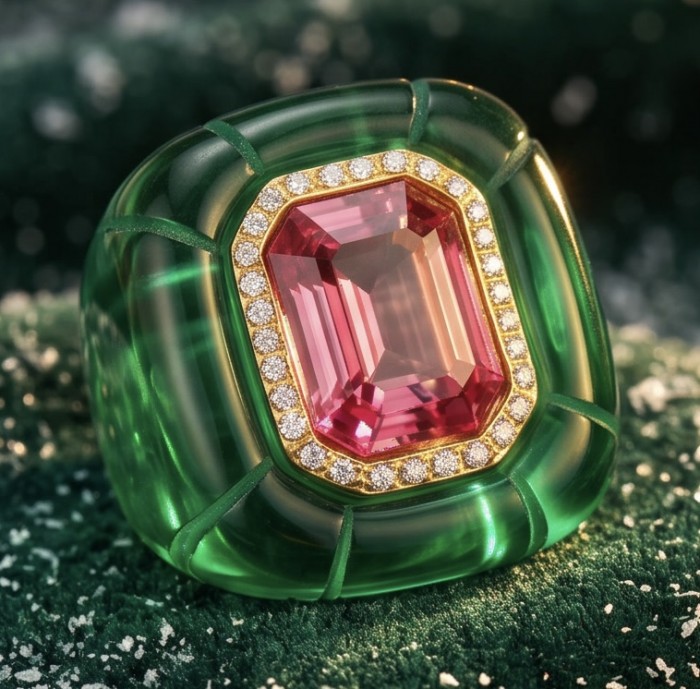 Candy Store - Modern Design Natural Green Raisin Pink Topaz .925 Sterling Silver ring size 8 - Close-up of green and pink topaz ring with diamond accents