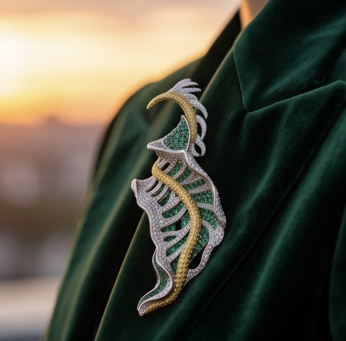 Precious Leaf - 9.5 carat Authentic Colombian Emerald pave 4.2 carat yellow Sapphire .925 Sterling Silver handcrafted Pendant and Brooch - Elegant brooch on green velvet, featuring Colombian emerald pave.