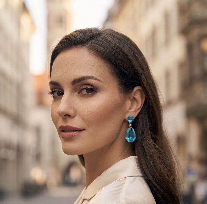 Divine Beauty 38.5 carat Aquamarine black rhodium over .925 Sterling Silver handcrafted Statement EARRINGS - Woman wearing aquamarine earrings, side view, street background