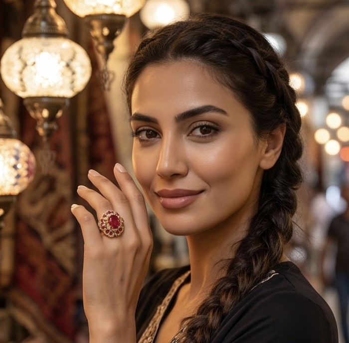 Opera Genuine 17.5 CARAT Mozambique Ruby 22K Gold over .925 Sterling Silver Large Statement Ring size 7 1/2 - Ruby ring on hand with intricate design, elegant lighting in background.