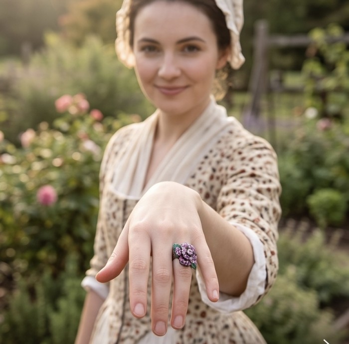 Wild Roses Authentic 3.5 carat pave Ruby 1.9 carat Emerald .925 Sterling Silver brilliantly dipped in black rhodium handcrafted Statement ring; s. 8 1/4 - Ring worn on hand showing Wild Roses design with ruby and emerald details.