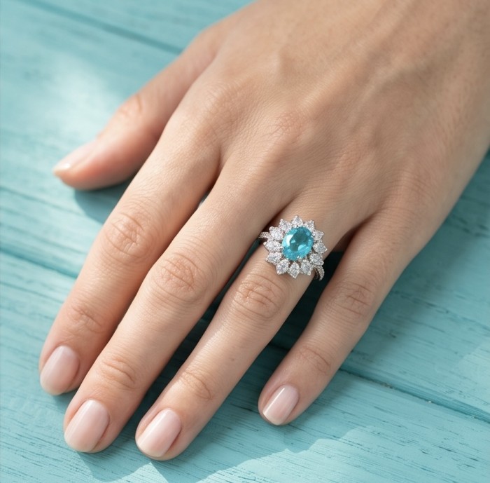 Elizabeth 8.5 carat Paraiba Tourmaline .925 Sterling Silver Handcrafted Ring size 5 - Paraiba Tourmaline ring worn on hand, sterling silver, top view.