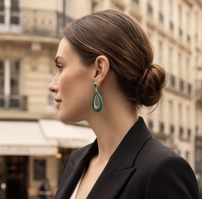 Ofelia - Authentic 5.5 CARAT natural pave Colombian Emerald .925 Sterling Silver handcrafted earrings - Side view of woman wearing Ofelia Colombian Emerald earrings