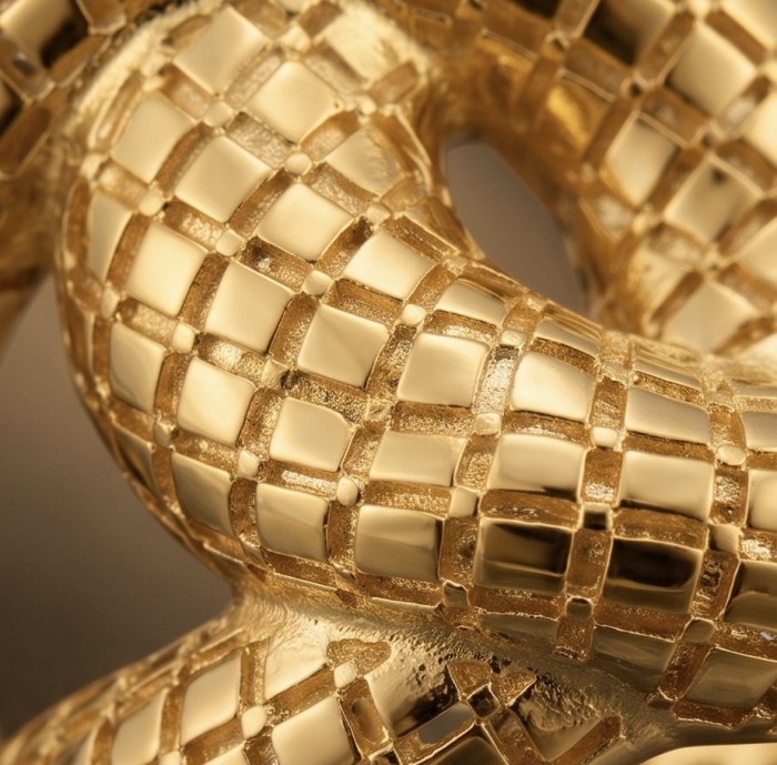 Dubai Style - Golden knot - .925 Sterling Silver dipped in 22K Gold handmade Large ring size 8 - Close-up of golden knot texture on jewelry piece.