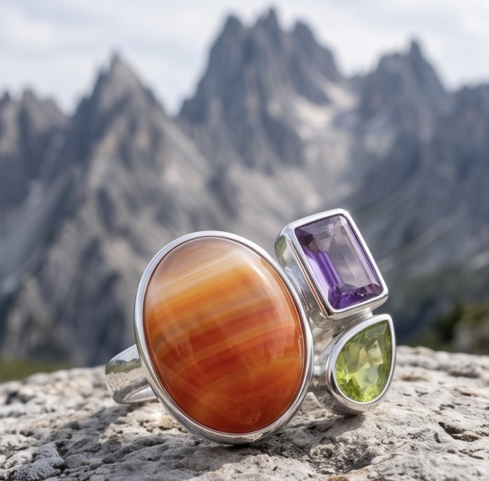 Orange Power natural Carnelian rhodium over .925 Sterling Silver handmade ring s. 7 adjustable - Close-up of Orange Power Carnelian ring on a rock, mountain backdrop