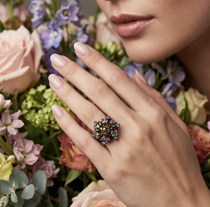 Fiesta Authentic 14.5 carat Multigem .925 Sterling Silver dipped in black rhodium brilliantly handcrafted Ring size 8 1/2 - Ring worn on hand surrounded by flowers, Fiesta Multigem Sterling Silver ring