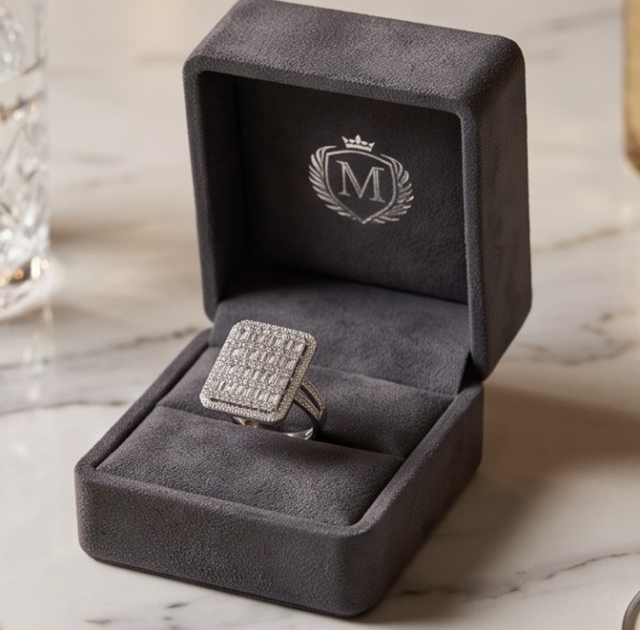 Art Deco Luxurious 14.5 carat White Topaz rhodium over .925 Sterling Silver ring size 7 - Square white topaz ring in open gray box, top view.