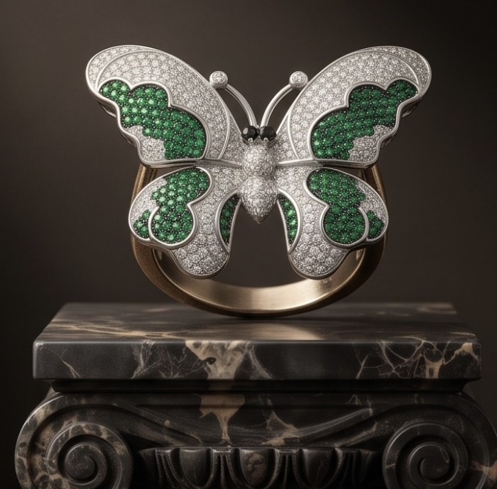 Precious Butterfly Genuine pave 6.5 carat Emerald .925 Sterling Silver handmade LARGE Statement Ring size 6 1/2 - Butterfly ring with emeralds and diamonds on marble pedestal, front view.