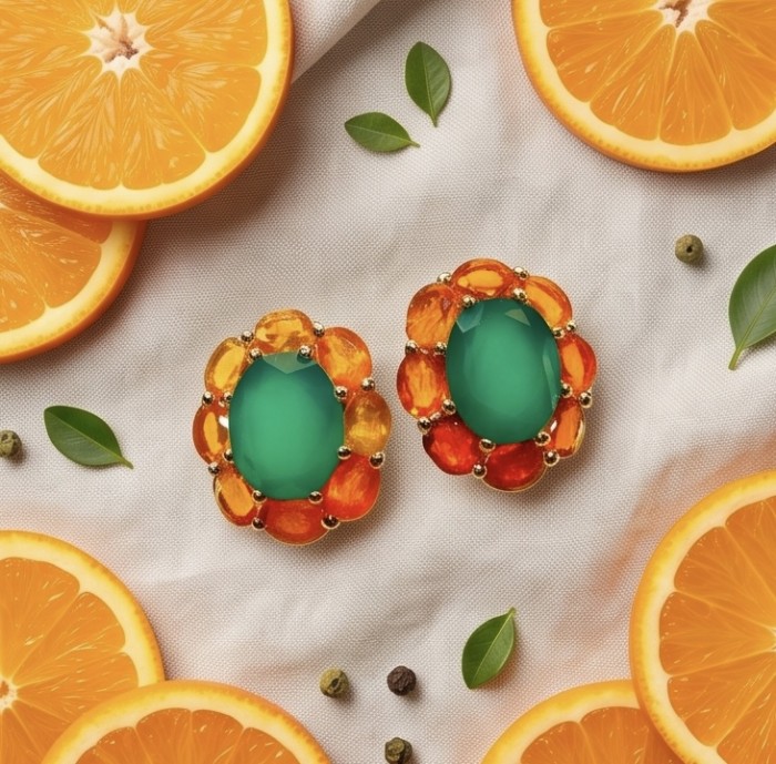 Giovanna - Authentic 4.5 CARAT natural Colombian Emerald .925 Sterling Silver handcrafted Statement earrings - Emerald earrings with orange stones, top view, surrounded by orange slices.