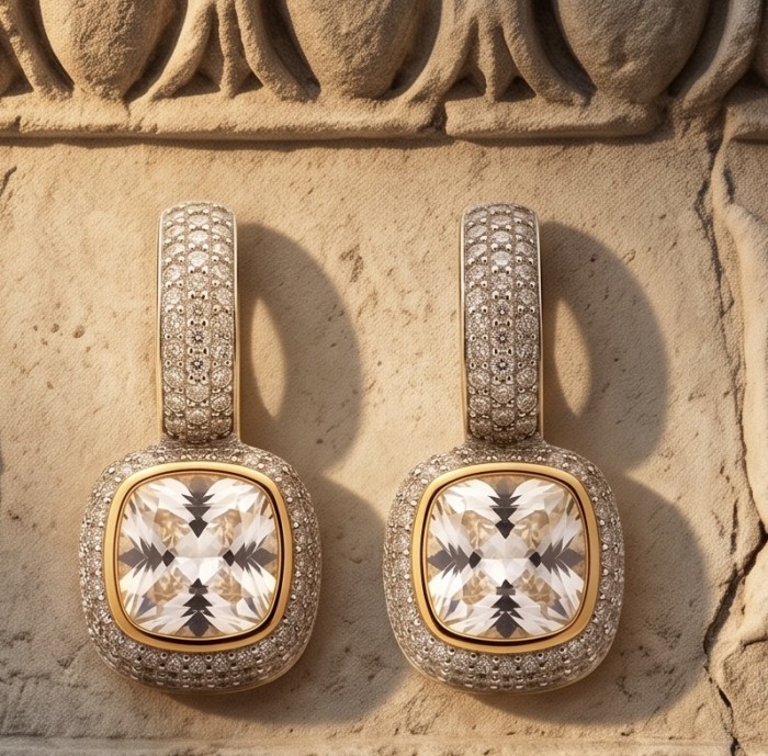 Giovanna -asscher cut 6.8 carat Moissanite 3.2 carat pave Moissanite 18K Gold over .925 Sterling Silver handcrafted earrings - Asscher cut Moissanite earrings, ornate pave design, front view