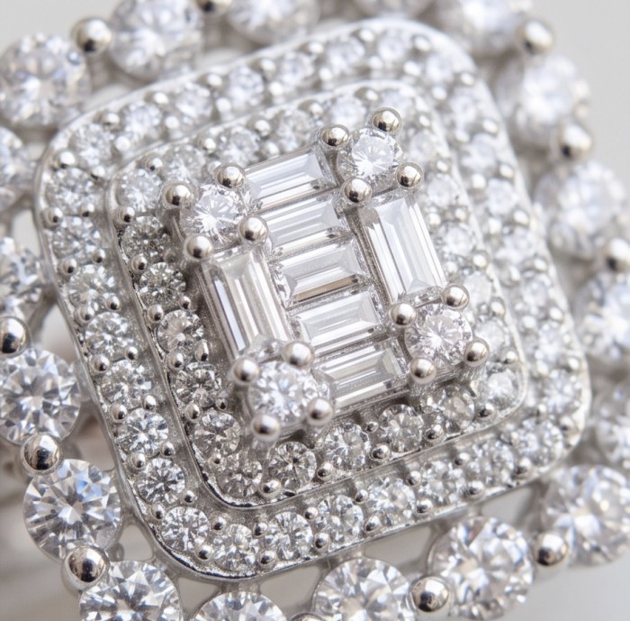 Art Deco Luxurious 6.5 carat White Topaz .925 Sterling Silver ring size 7 1/4 - Close-up of Art Deco white topaz and sterling silver jewelry design.