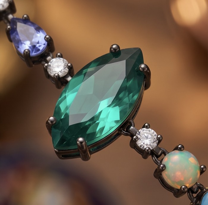 Victoria - Authentic 12.7 CARAT natural Colombian Emerald .925 Sterling Silver dippedin black rhodium handcrafted Statement bracelet - Stone close-up of Victoria Colombian emerald with surrounding gems.