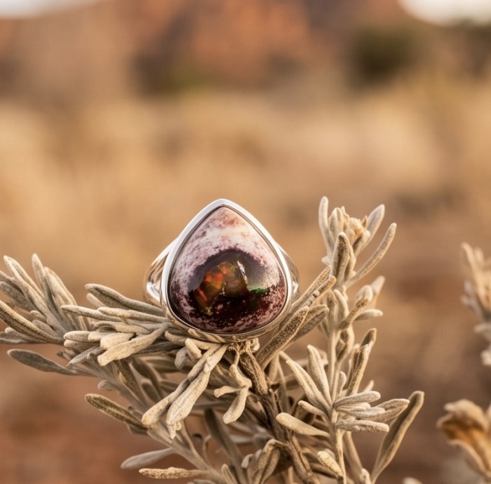 Bonfire Night best quality 18.4 carat Mexican Opal rhodium over .925 Sterling Silver handmade ring 6 - Mexican Opal ring close-up on desert plant background