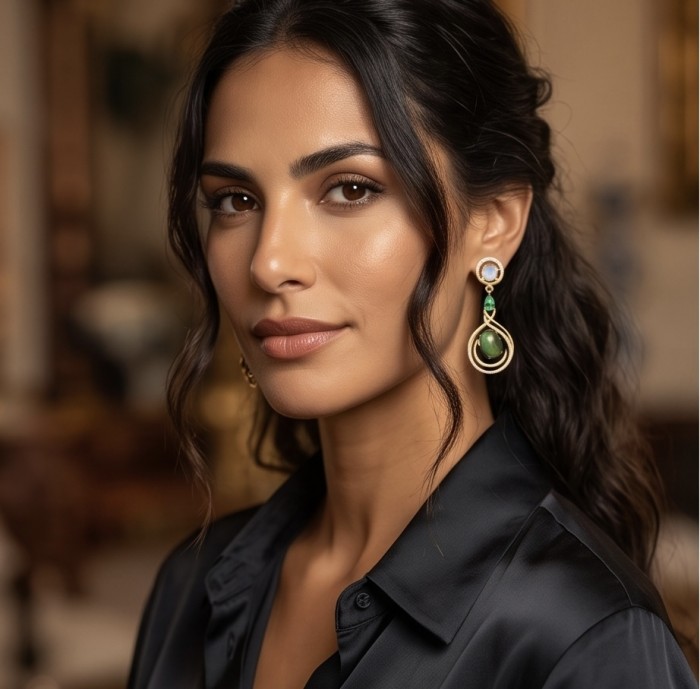 SOUTHERN STAR 12.2 carat Labradorite 4.8 carat Australian Fire Opal 22k Gold over .925 Sterling Silver Large Statement earrings - Side view of woman wearing Southern Star 12.2ct Labradorite earrings.