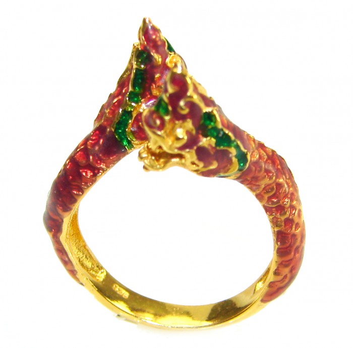 Dragon - symbolizes supernatural power- Enamel Ruby 18K Gold over .925 Sterling Silver Huge handcrafted Ring s. 8 - photo 2