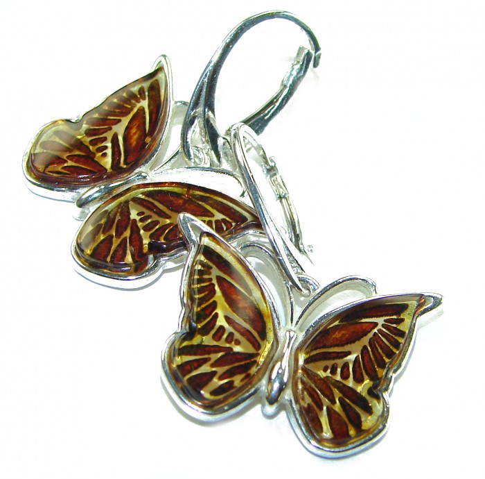 Butterflies carved Baltic Polish Amber .925 Sterling Silver earrings - photo 2