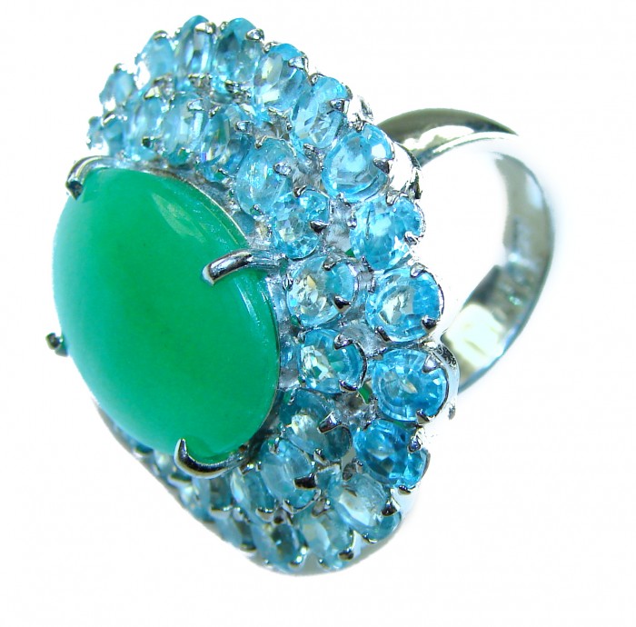 Good Fortune - Large Vintage Style 35.9 carat Jade Swiss Blue Topaz .925 Sterling Silver handmade Cocktail Ring s. 7 - Stone close-up of vintage-style jade and blue gemstone ring
