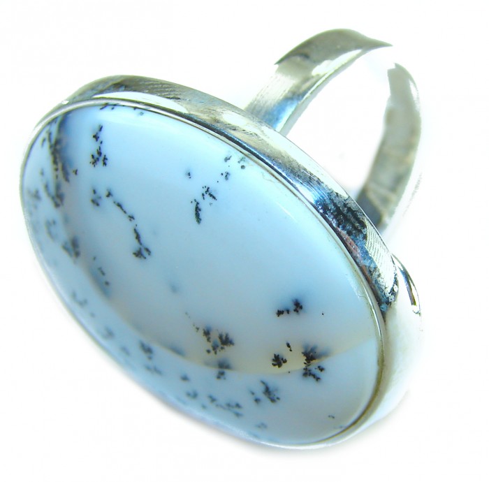 Top Quality Dendritic Agate .925 Sterling Silver handcrafted Ring s. 8 adjustable - Close-up of dendritic agate ring with sterling silver setting.
