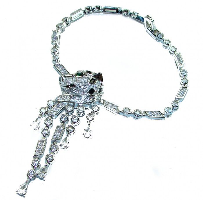 Panthère 4.5 carat Emerald black enamel .925 Sterling Silver handcrafted Bracelet - Panthère necklace front view with emerald and black enamel details